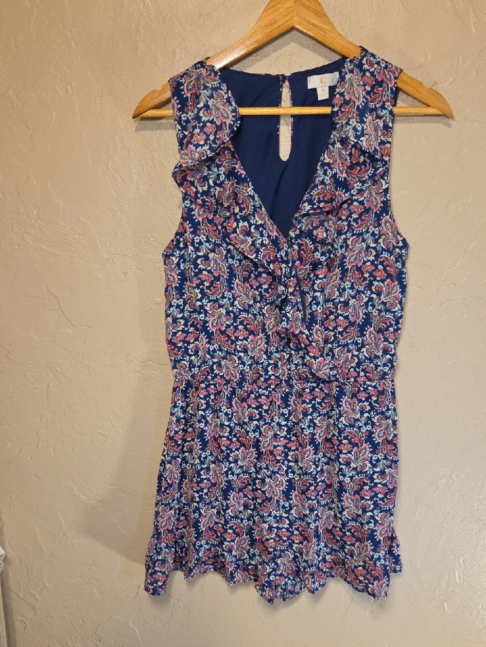 C Navy Floral Ruffle Romper with Pink Accents Cottagecore Coastal Cowgirl Size S